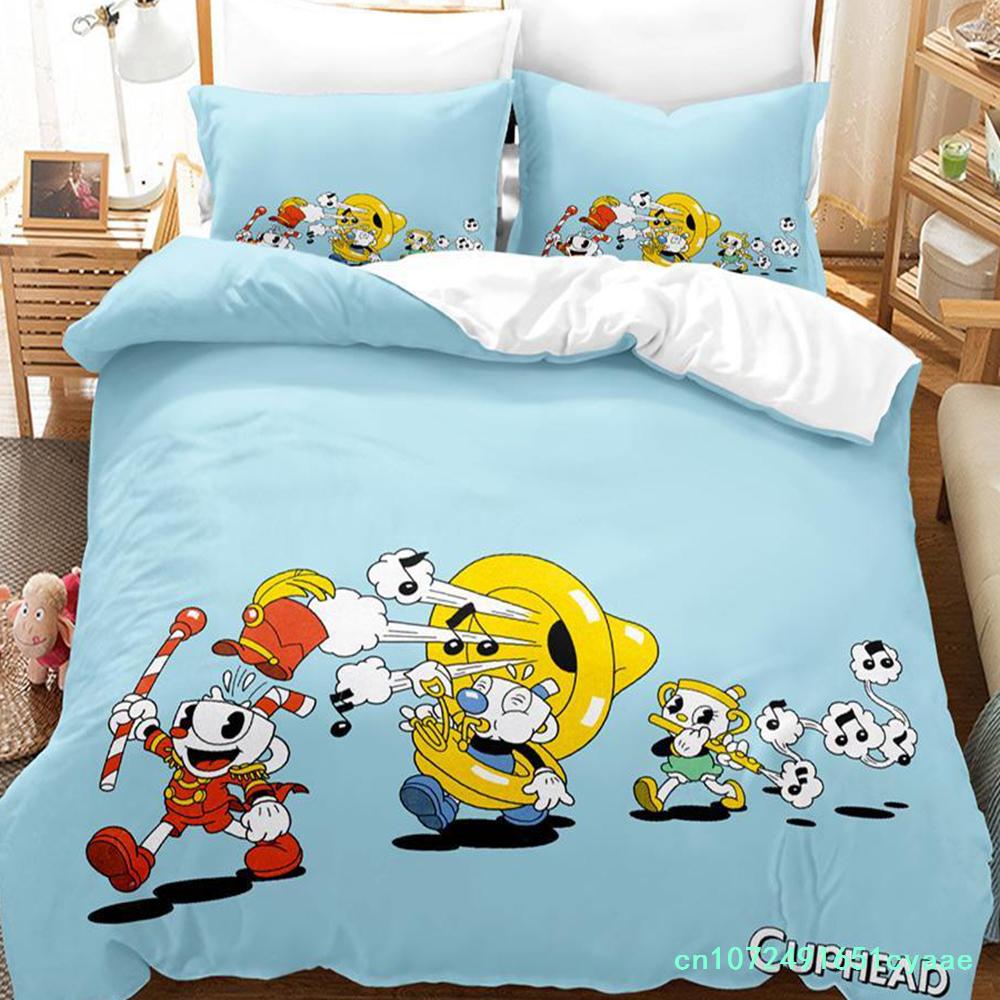 2023 Kawaii Cuphead Mugman Bettwäsche-Set Einzelbett Doppelbett Vollgröße Queen Size King Size Bettwäsche-Sets für Erwachsene Kinder Schlafzimmer Bettbezüge Anime Spiel Bett