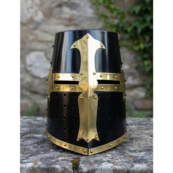 Black Templar Knight Helmet, Crusader Helmet with Gold Brass Cross, Medieval Knight Armor