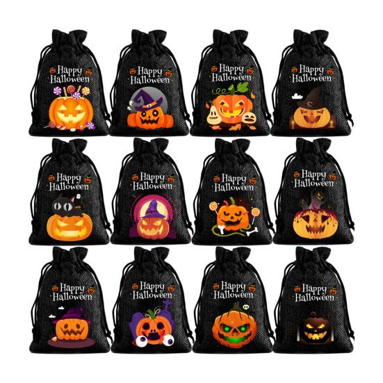 12Pcs Halloween Pumpkin Burlap Gift Bags Small Drawstring Goodie Treat Bag Halloween Linen Jute Candy Bag for Kids Trick or Treat Party Supplies