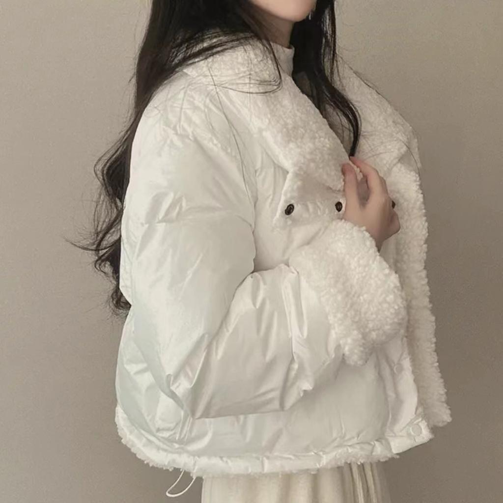 Women's Beige Patchwork Faux Rabbit Fur Parka Coat Warm Fashion Overcoat Harajuku Vintage Padded Coats Winter