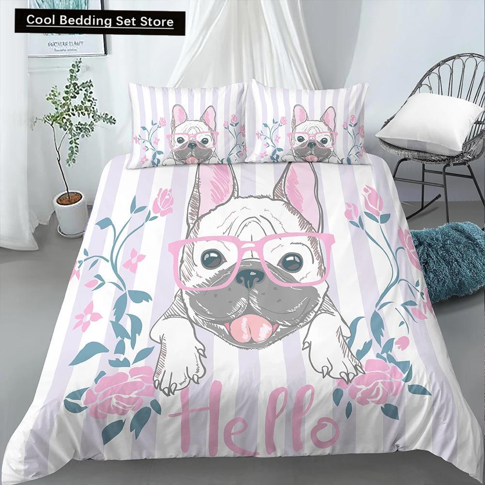 Comforter Cartoon Pug King Queen Double Full Lovely Puppy Bedding Set Pet Animal Yellow Polyester Comforter