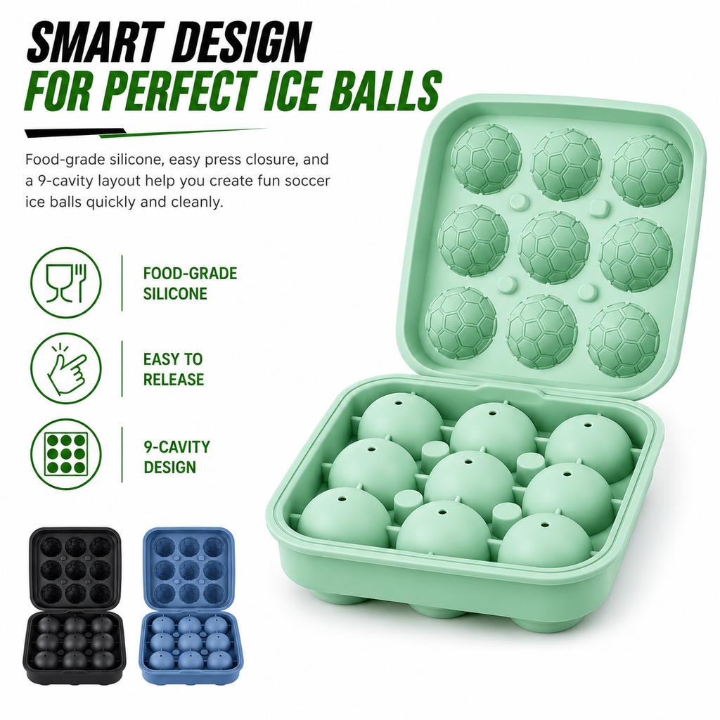 3D Soccer Ball Silicone Ice Cube Maker Tray 9-Cavity Football Ice Sphere Mold For Party Whiskey Cocktails Beverages Ice Trays