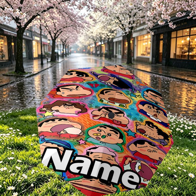 Custom Name Personalized Crayon Shin Print Umbrella, Auto Open Close, 8‑Rib Sturdy Frame, Commute Camping Hiking Use, Birthday Gift