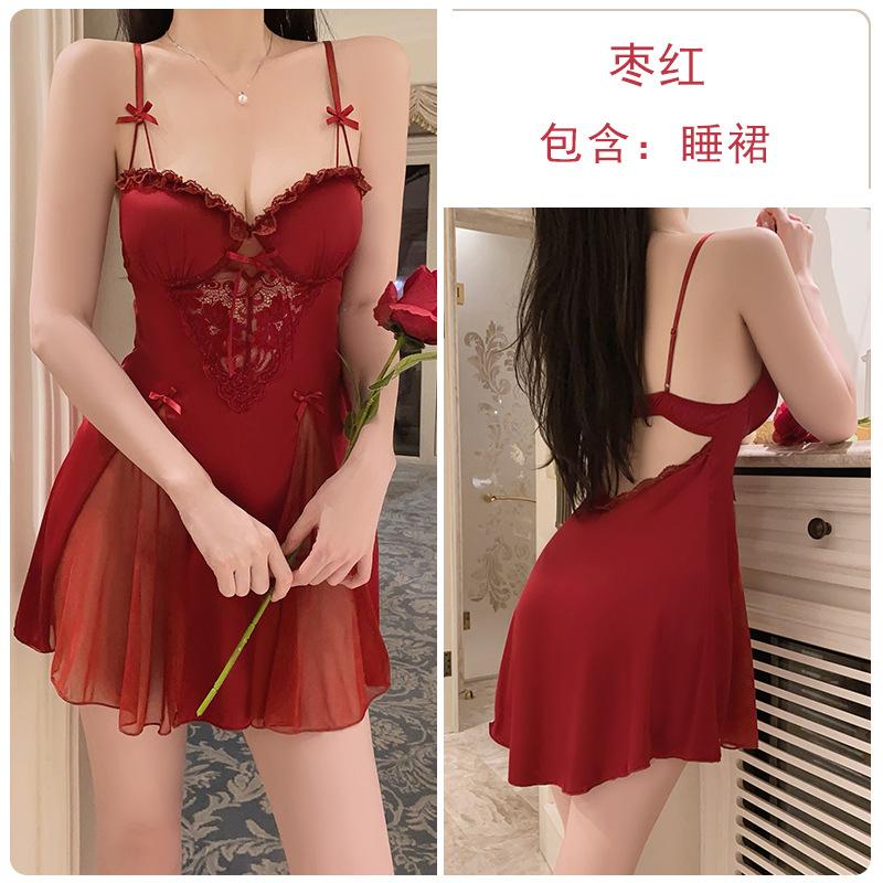 Smooth satin underwear passion hot backless deep V plus chest pad nightdress mesh robe women's suit