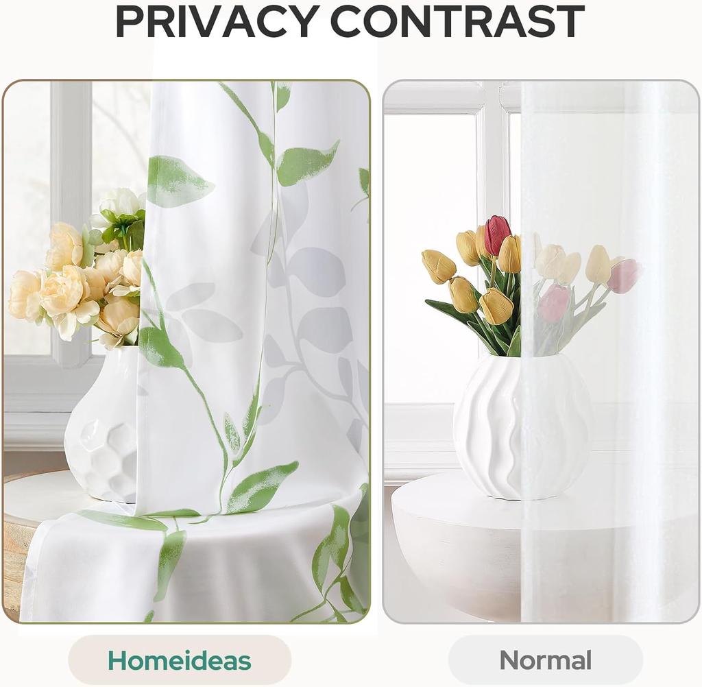 Green and White Privacy Sheer Curtains Length 2 Panels,Leaf Floral Printed Light Filtering Semi Sheer Window Curtains Drapes for