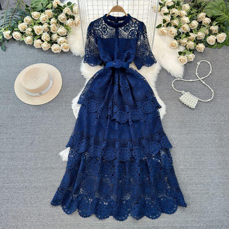 Ladies Single-Breasted Water Soluble Lace Dress Short Sleeve