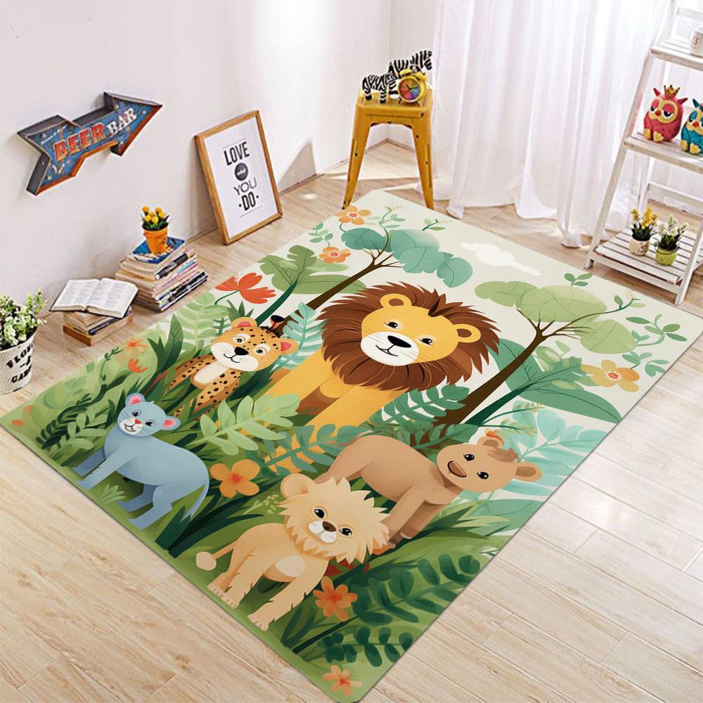Cartoon Jungle Animal Carpet Mat Rug Multiple Cute Animals Design Non-Slip Floor Mat for Kids Room Living Room Home Decoration