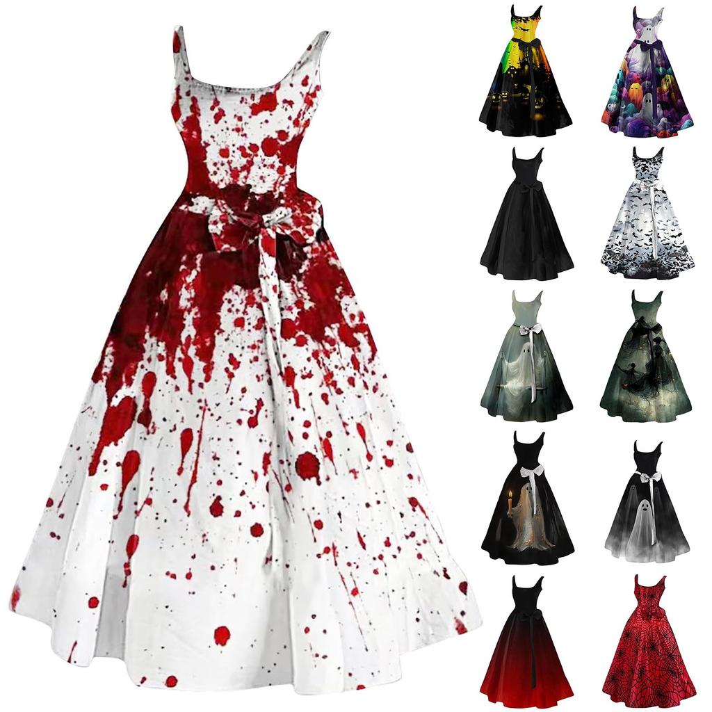 Maxi Abito da Donna Oversize con Stampa di Halloween - Collo Senza Maniche Casual Lungo per Feste