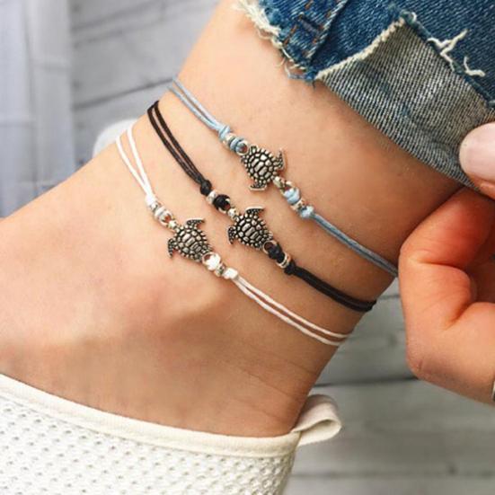 3Pcs Bohemia Women Weaved Rope Sea Turtle Stone Anklet Bracelet Foot Jewelry