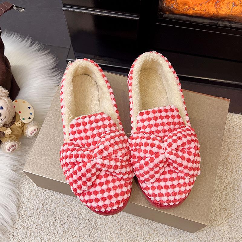 Processing Customized Slippers Women's Winter Cute Bow Indoor Thick-soled Non-slip Cotton Shoes Piled and Thickened Soft-soled Casual