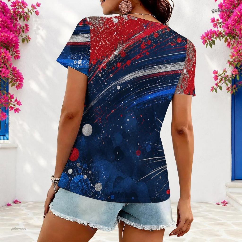 Women Plus Size Asymmetric Neck Short Sleeve Top Vintage American Flag Star Stripe Art Print
