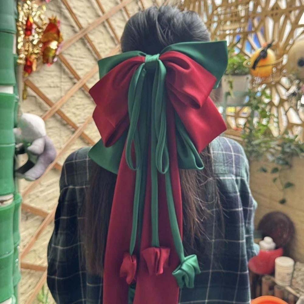 Contrast Color Oversized Bow Hair Clip Sweet Christmas Hair Accessory Satin Ribbon Headdress Daily