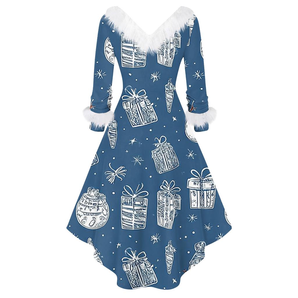 Women's Fashion Elegant Autun And Winter Long Sleeve V-Neck Christmas Print Dress