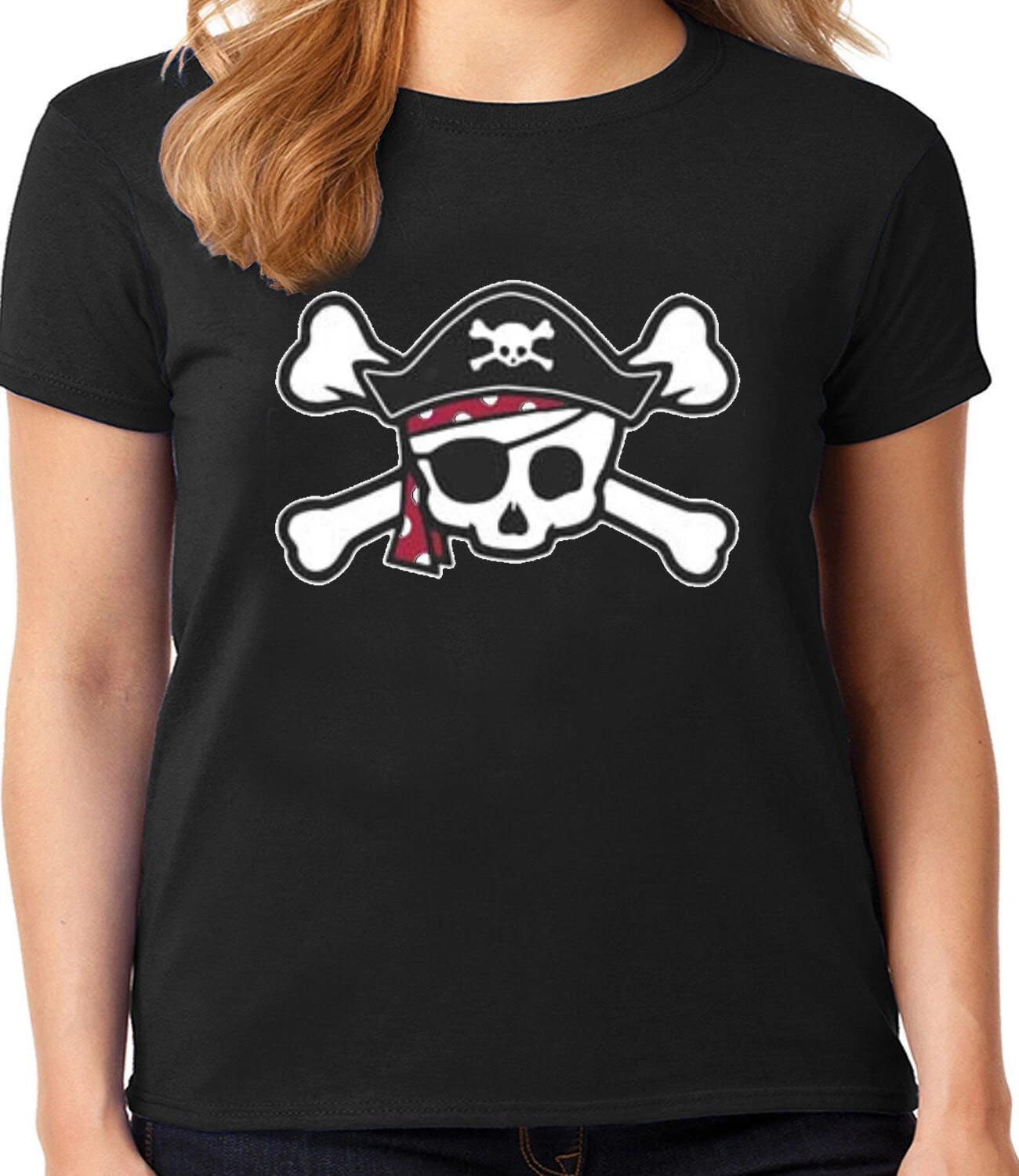 Pirate T-shirt Womens Ladies Tee Shirt Skull Crossbones Jolly Roger Flag XL