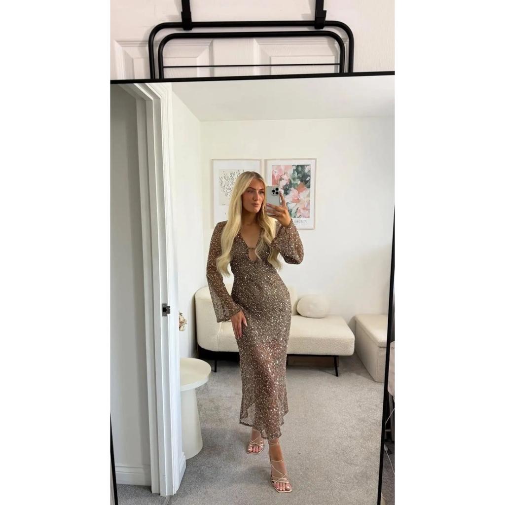 LYRIA Sexy Sequined Long Pleated Dress Women Deep V-neck Full Sleeve See Through Dresses Summer Lady Party Evening Dresses