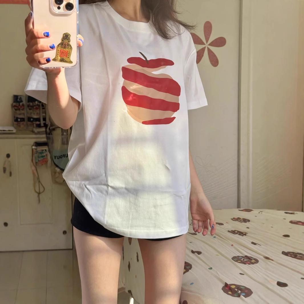 

Корейская женская футболка из чистого хлопка с коротким рукавом и принтом яблока XL белый