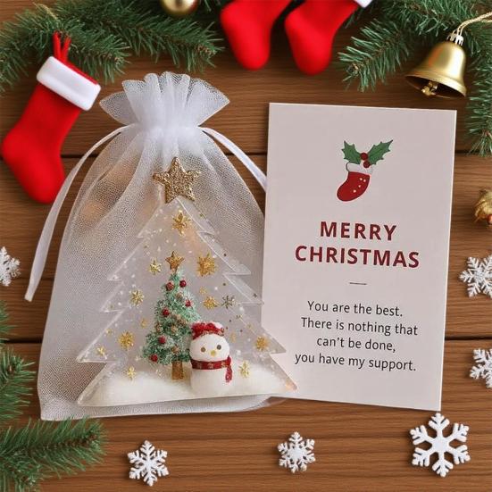 Christmas Gift Bag Organza Bag with Golden Star Xmas Tree Decor Small Mesh Drawstring White Sheer Wedding Party Favor Bag