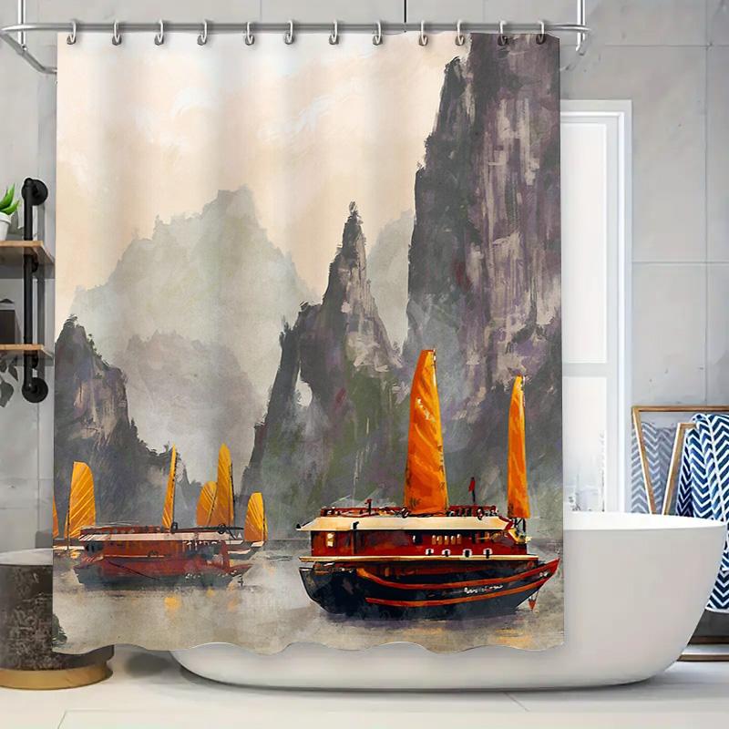 

Unframed Chinese Landscape Boat Shower Curtain Vintage Ocean Themed Bathroom Decor Artistic Sailboat Backdrop Washable Waterproo W60H190(CM)-1 Pcs