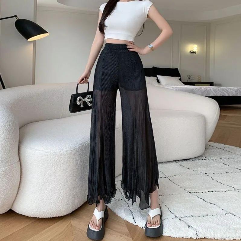 Weiße Netzhose mit weitem Bein für Damen, ausgestellte Hose mit Rüschen, elastischer Bund, Plissierte, klimatisierte Hose, Tanzhose für den Sommer