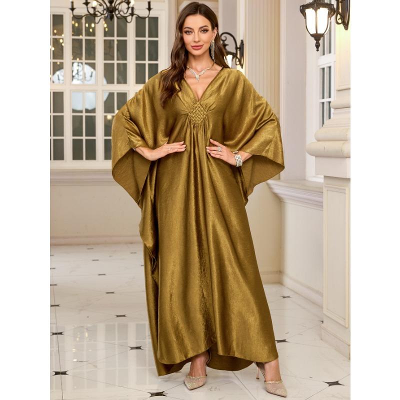 ქალთა მოდა საგაზაფხულო შემოდგომა ერთიანი ფერადი პრინტი გრძელმკლავიანი V-კისერი თავისუფალი წელის ჩვეულებრივი კაბები