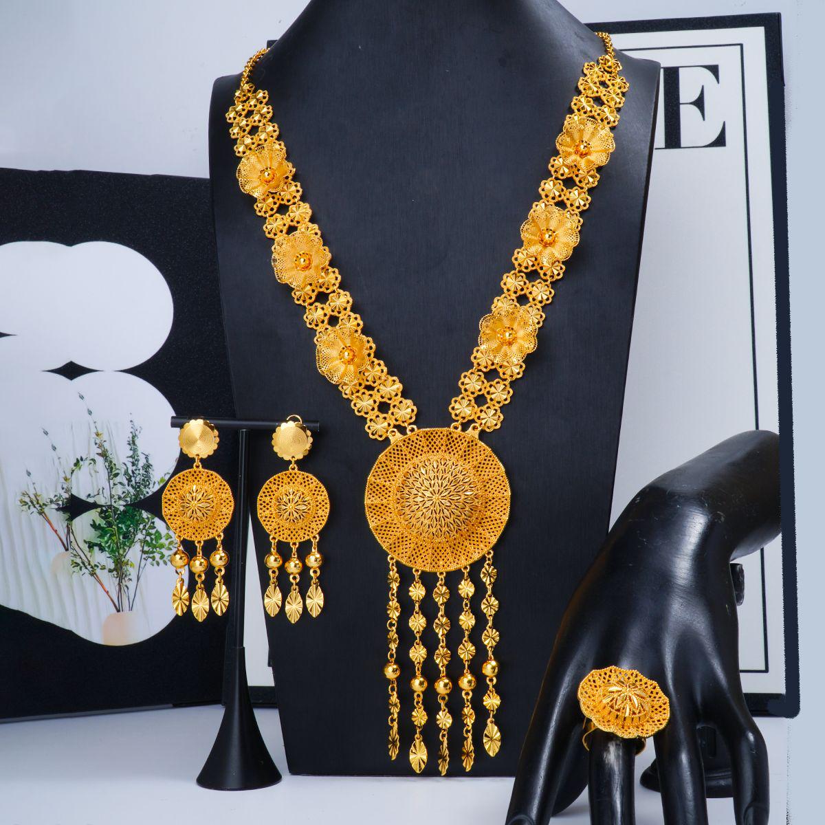 Ретро Дубайский Ювелирный Набор: Полое цветочное ожерелье с длинной кисточкой, серьги и кольцо