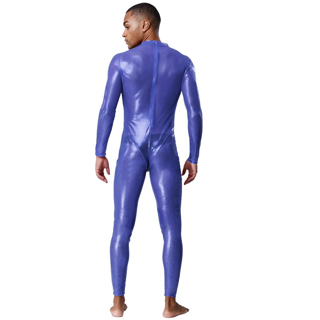 Tuta Holografica Trasparente da Uomo Manica Lunga Full Body Zip Posteriore Catsuit Clubwear