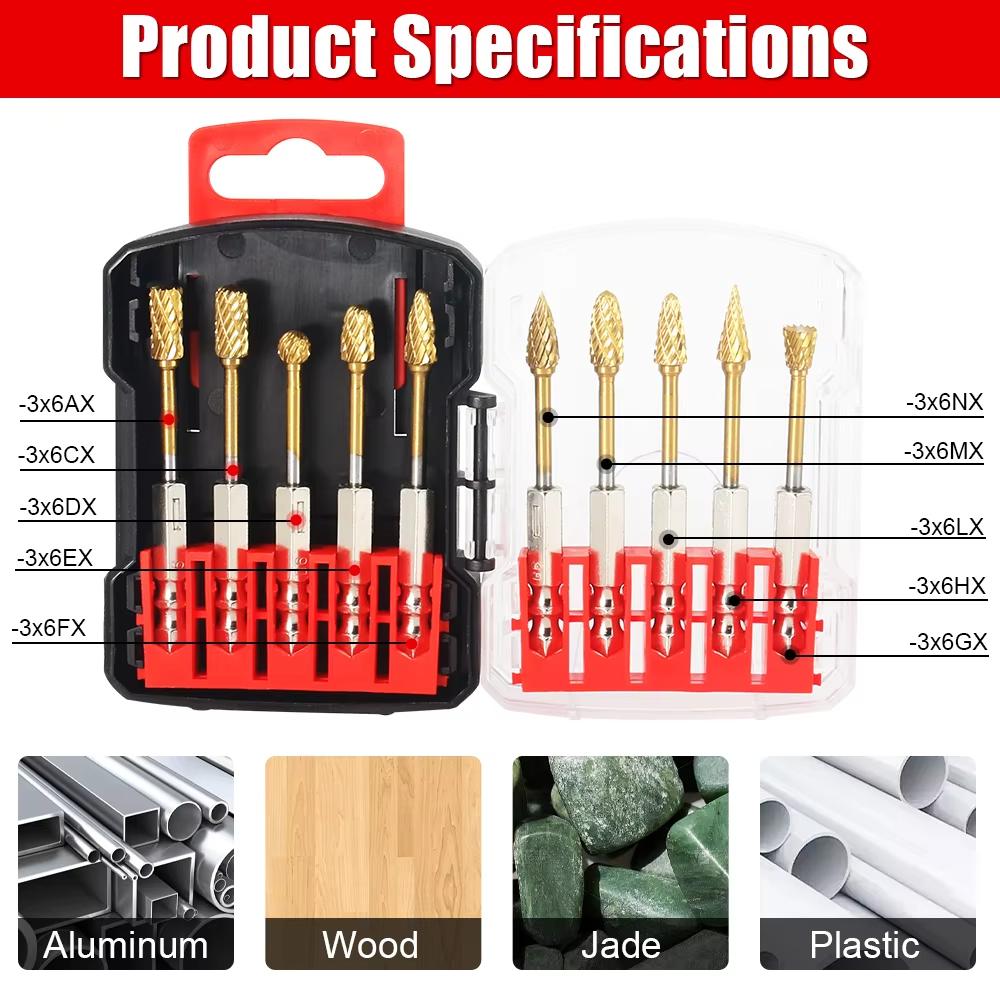 Tungstens Carbide Burr Set Hex 1 4 Inch Titanium Coated 10 Piece Rotary File Milling Cutter For Woodworking Metal Stone