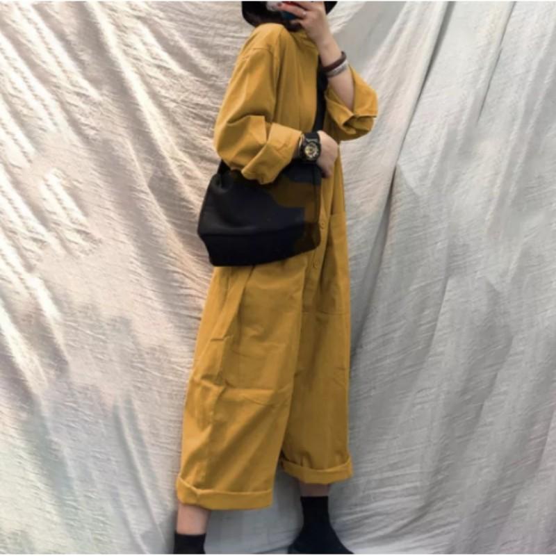 Women Autumn Design Simple Pockets Overalls Ladies Solid Stand Collar Casual Bottom Jumpsuit