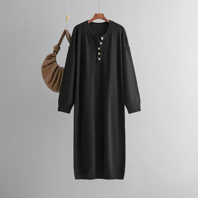 Women's Long Sleeve Button V Neck Oversized Dress Casual Loose Fit Waffle Knit Fall Midi Sweater Dress Trendy Outfits Solid Color Dress for Women