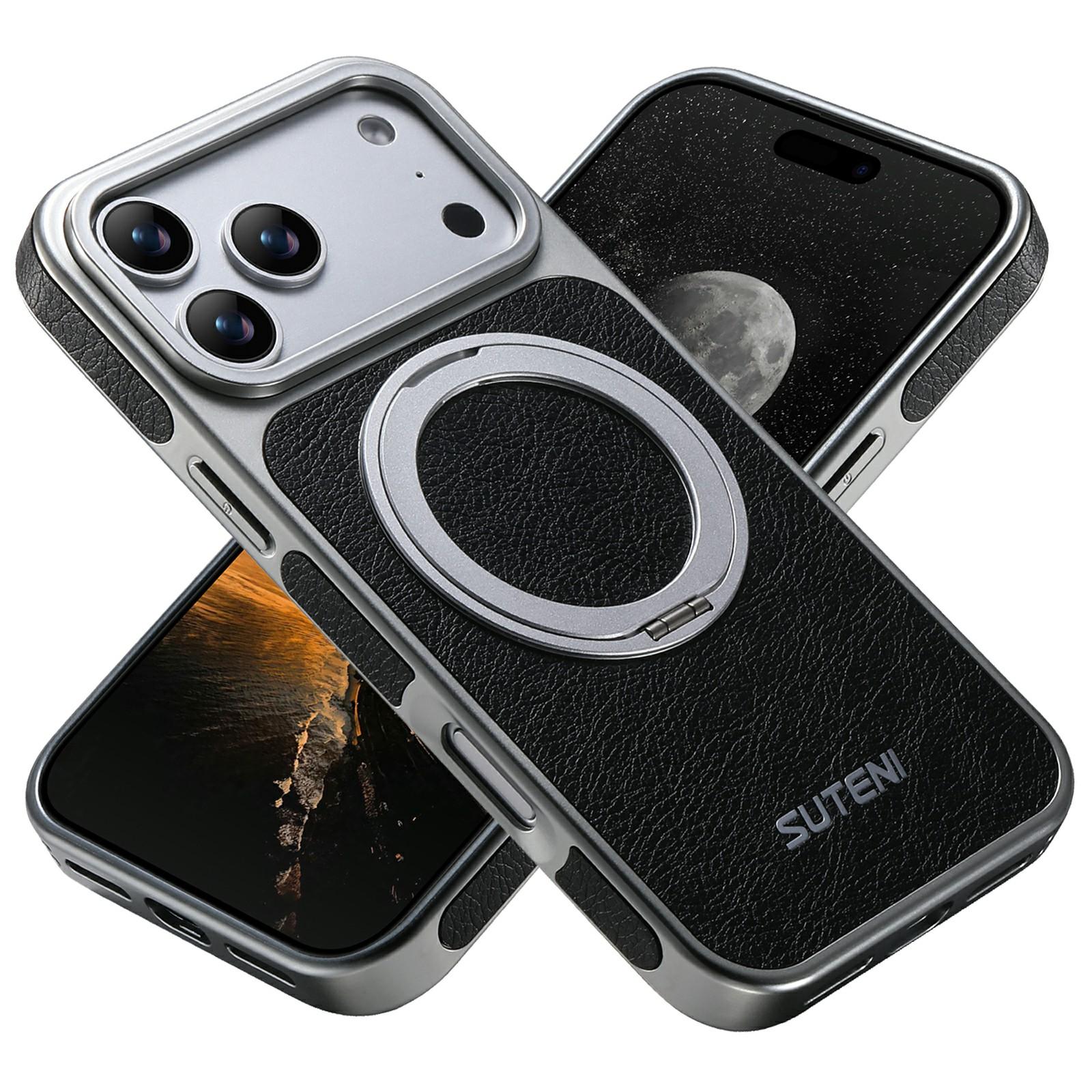SUTENI G6 for iPhone 17 Pro Magnetic Case Rotating Kickstand Electroplating Crazy Horse Texture Leather Back Cover