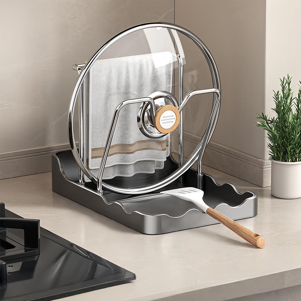 Double Layer Pot Lid Rack 2-In-1 Lid Storage Rack with 2 Sponge Drainers Countertop Kitchen Storage Rack with Spoon Rest