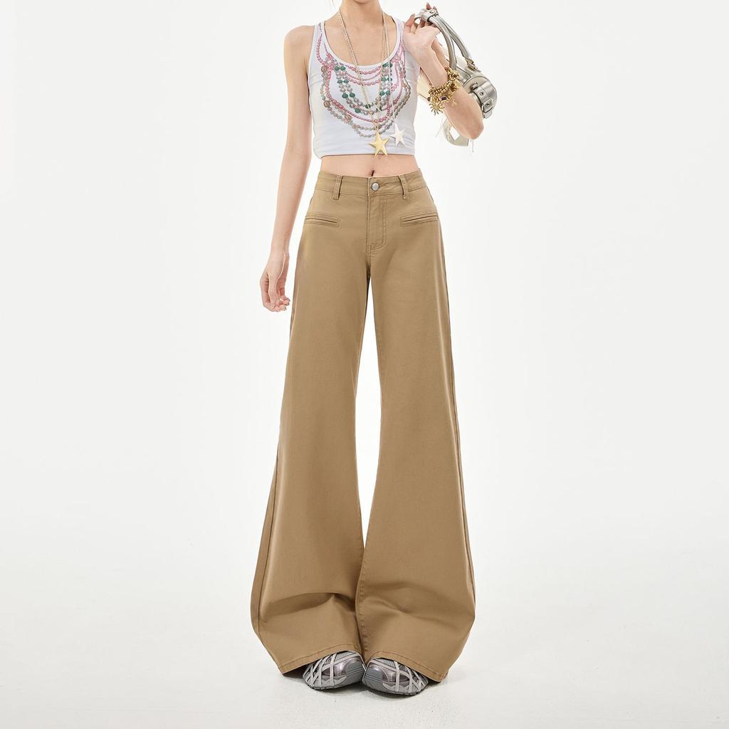 Spring Summer Coffee Soft Elastic Relax Slim Micro Flare Denim Pants For Ladies Casual Pants Oversize Denim Trousers