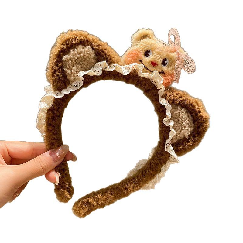 Cartoon Bär Spitzenstirnband mit Schleifenohren - Niedliches Plüsch-Haaraccessoire