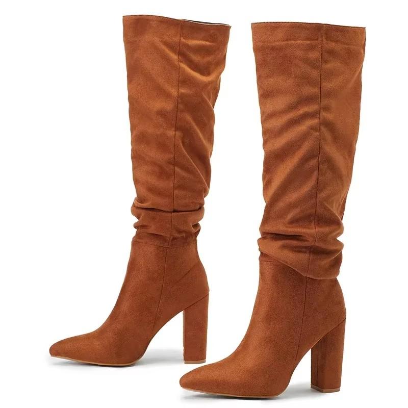 Fashion Eilyken Fashion Women High Heel Boots Designer Chunky Heel Shoes Long Boots the Knee Pleated Botas Mujer