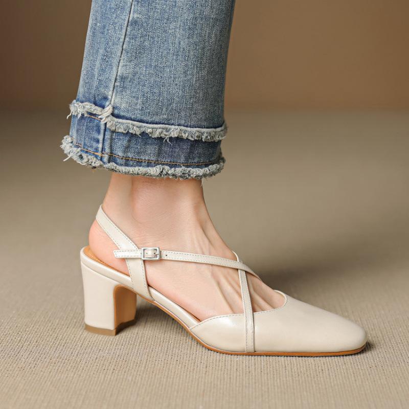 Summer solid color back empty sandals new women's thick heel sandals casual leather beef tendon soft sole bag head sandals large size