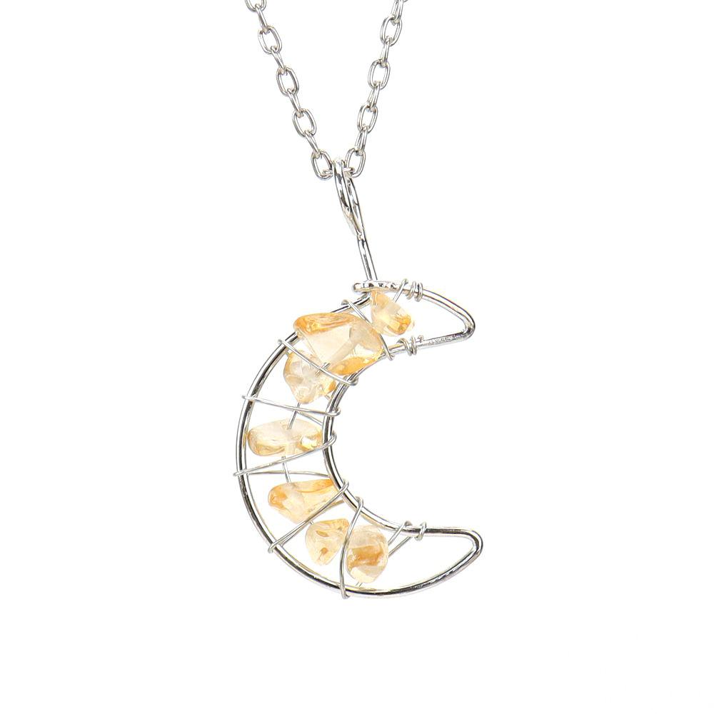 Silver Hand-Wound Colorful Gravel Bead Crystal Amethyst Moon Pendant Necklace N130