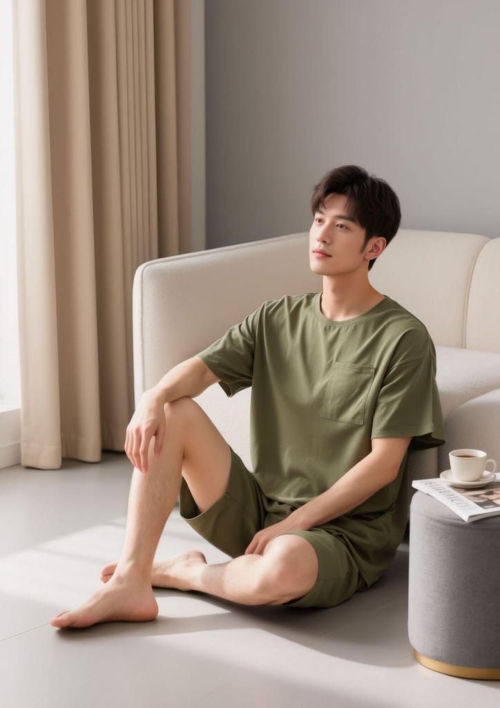Men's Loose Fit Pajama Set - Short Sleeve & Shorts, Solid Color