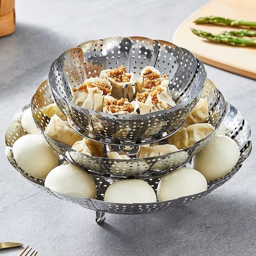 Stainless Steel Folding Dish Steam Expandable Multi-Function Steamer Rack Lotus Leaf Shape Meat Steaming Tray Kitchen Tools