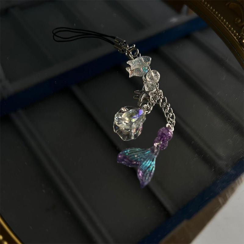 Transparent Five-Pointed Star Flowers Phone Charms Pendant Purple Beaded Fishtail Pendant Phone Lanyard Bag Keychain