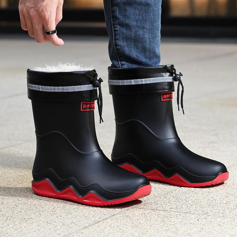 Rain shoes men's new non-slip waterproof rain boots men's cotton outer wear work car wash shoes fishing shoes medium and short rubber shoes