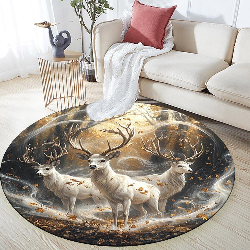 Enchanted Forest Deer Round Area Rug,Carpet Rug for Living Room Bedroom Sofa Playroom Decor,Non-slip Floor Mat