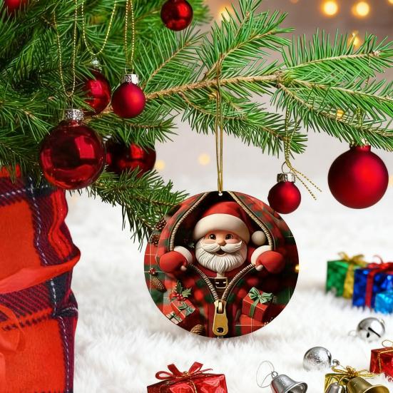 Vánoční ozdoby Santa Claus/Sobi/Tučňák/Perníkový muž v červeném kostkovaném designu na zip Kulaté 2D akrylové ozdoby na sváteční strom