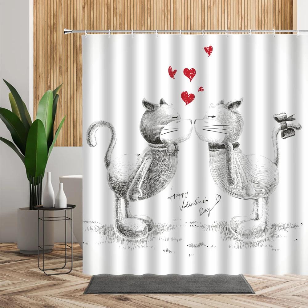 3D Cartoons Black White Cat Bathroom Waterproof Shower Curtain Simple Footprint Bathroom Curtains for Bathtub Screen with Hooks