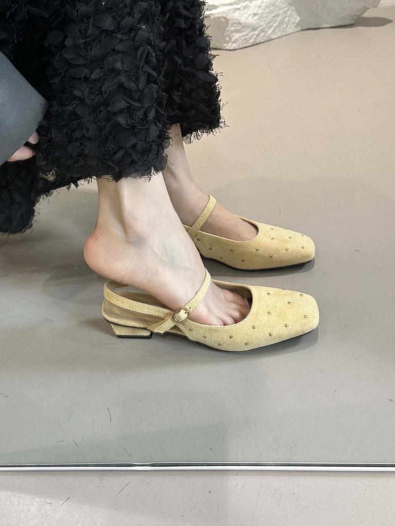 French Square Head Mary Jane Sandals Women'S Shoes Summer Suede Low Heel Thick Heel With Skirt Cool Slippers