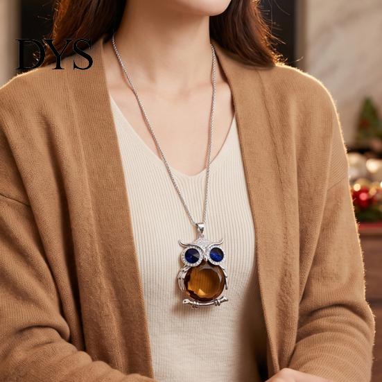 Langlebige glänzende Legierungskette mit Faux-Kristall-Eulenanhänger Halskette für Damen, Lange blaue Pullover-Kette mit Strassstein-Accessoire, Modeschmuck für den täglichen Gebrauch