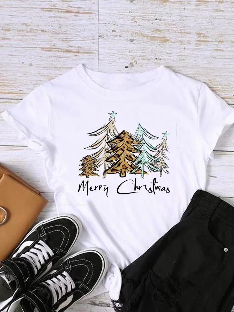 Christmas Womens Round Neck Short Sleeved Christmas Tree Reindeer Print Womens Loose Oversized Comfortable White Tshirt