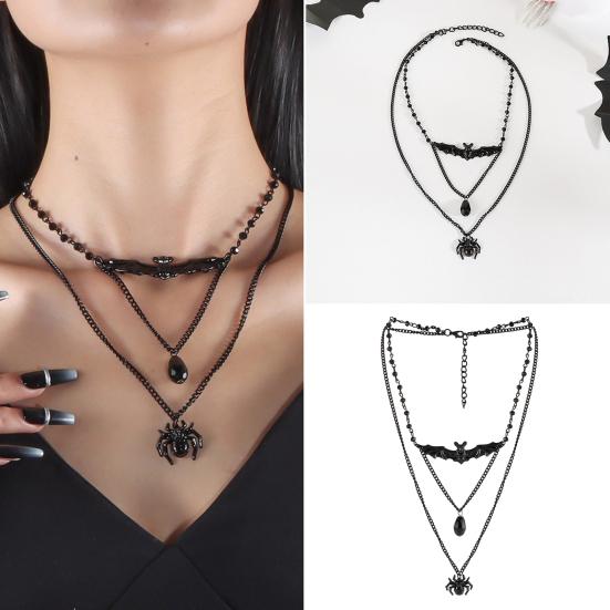 Gotisk Halskjede Kvinner Halloween Halskjede Svart Måne Anheng med Flerlags Metallkjeder Perler Flaggermus Choker Halskjede for Cosplay Kostymefest