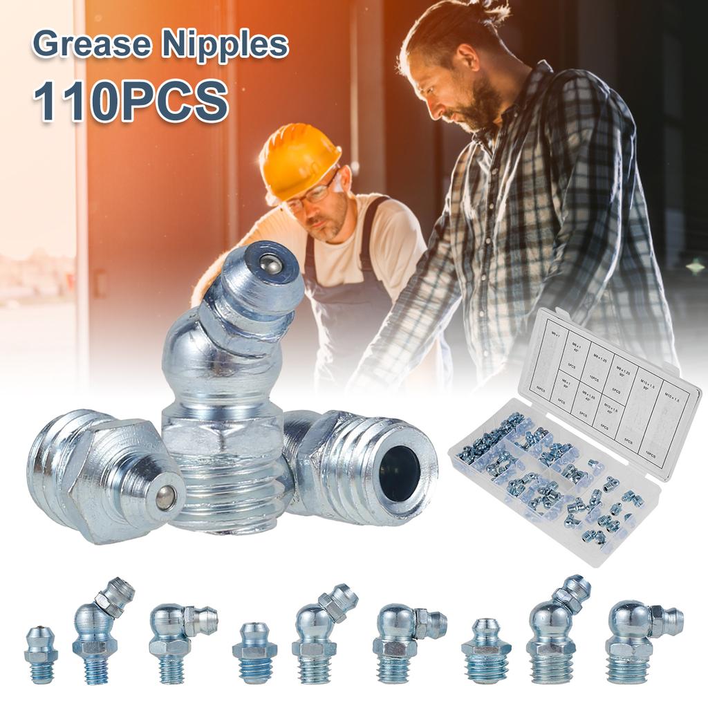 110 Pcs Grease Nipple Fittings Assortment Kit Straight 45/90° Angled Galvanized Metal Grease Nipple Set for Motorcycle Truck