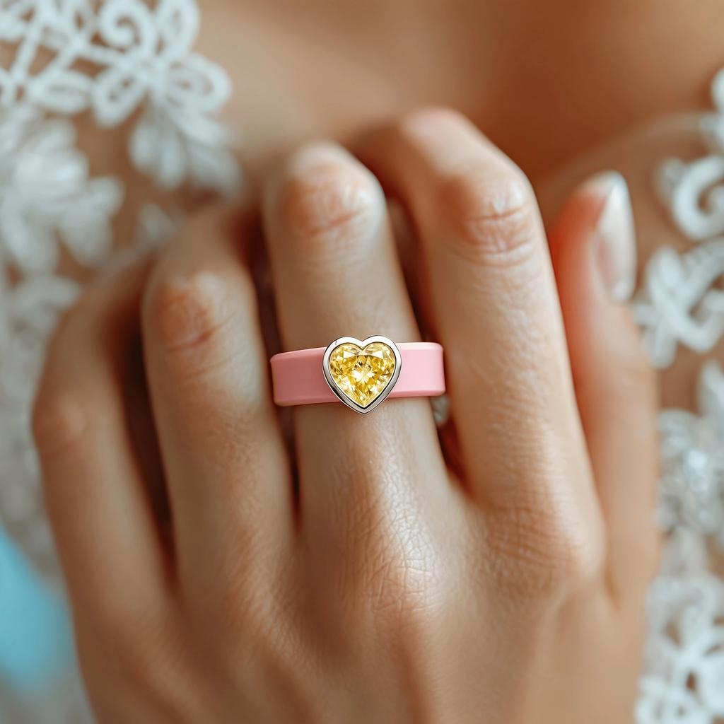 14K Golden Plated Heart-Shaped Yellow CZ Ring with Pink Band - Sweet Love Symbol, Perfect Gift for Her