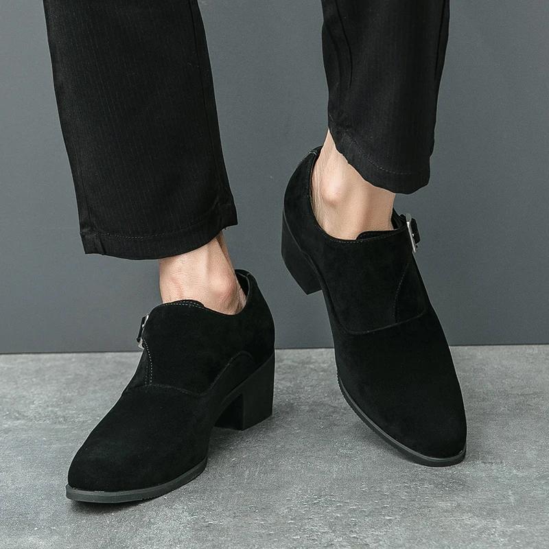 Man 6cm Height Increasing Platform Pointed Toe Business Dress High Heel Shoes Buckle Decorated Men Office Oxfords Big Size 37-46